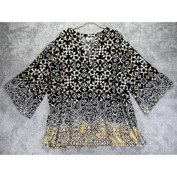 Susan Graver Tops - Susan Graver Liquid Knit Tunic Top Black Gold Damask Print V-Neck Womens 3XP